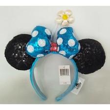 Disney- Parks Blue  White Polka Dot Timeless Flower Minnie Ears Bow Headband US
