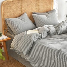 - Striped Cotton Duvet Cover Set, 100 Washed Cotton Textured Percale Bedding...