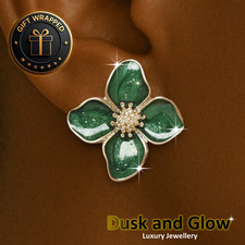Beautiful Oil Drop Green Earrings Gold Trim Vintage Flower Design Gift Wrapped