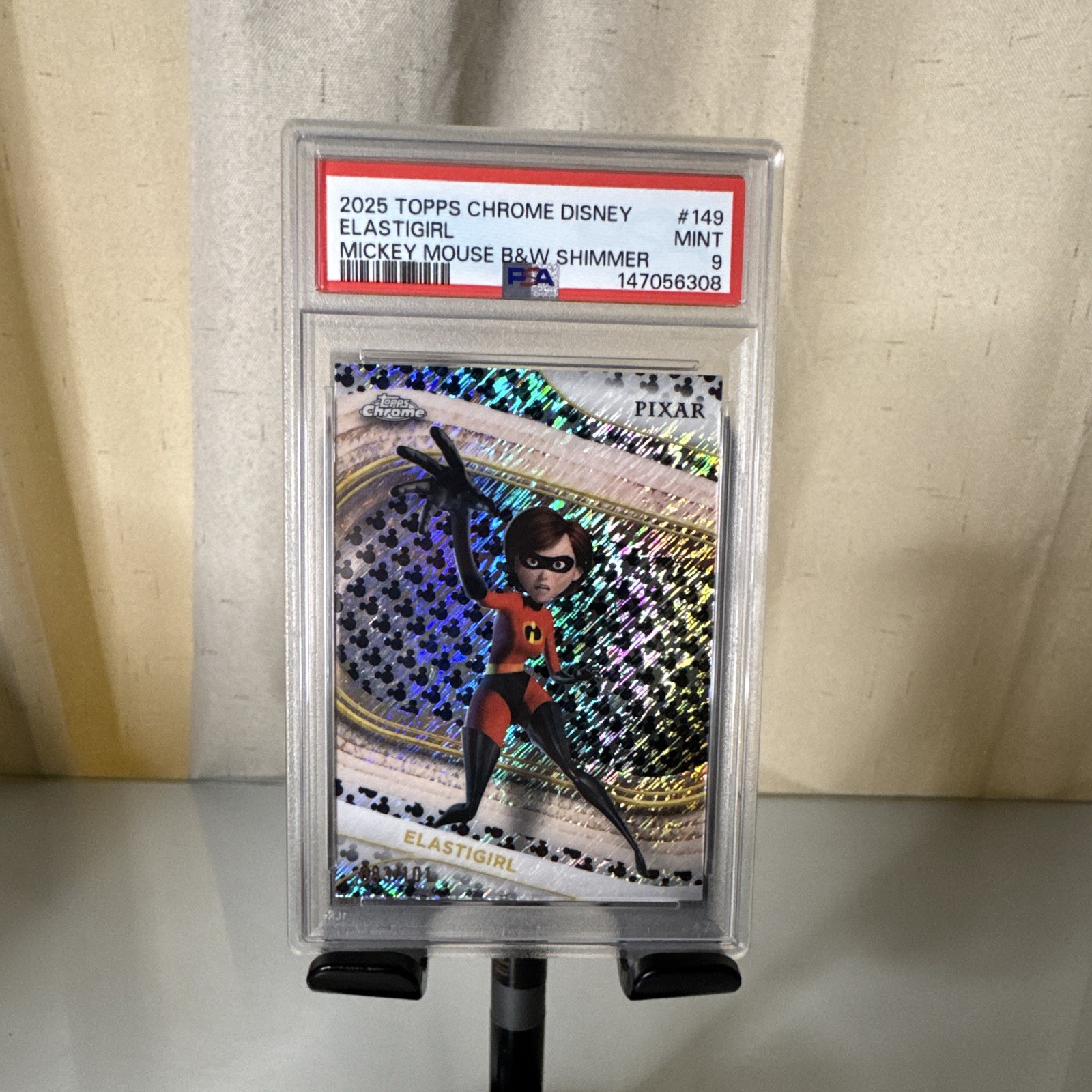 2025 Topps Chrome Disney Elastigirl #149 /101 Mickey Mouse B&W Shimmer PSA 9