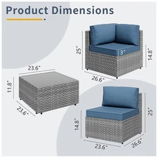 SUNLEI 5pc Patio Set, Silver Rattan Sofa w/Table, Aegean Blue(Open Box)