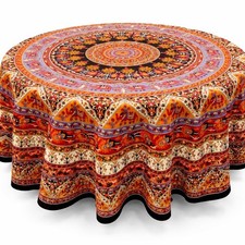 Round Cotton Tablecloth 76 Inch Brown Indian Mandala Print