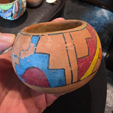 Native American Clay Pot Geometric Hand-Painted Design Tan Red Blue Yellow