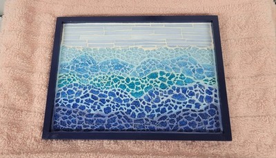 Handmade Stained Glass Mosaic Ocean Window Panel Blue Green Signed Michele