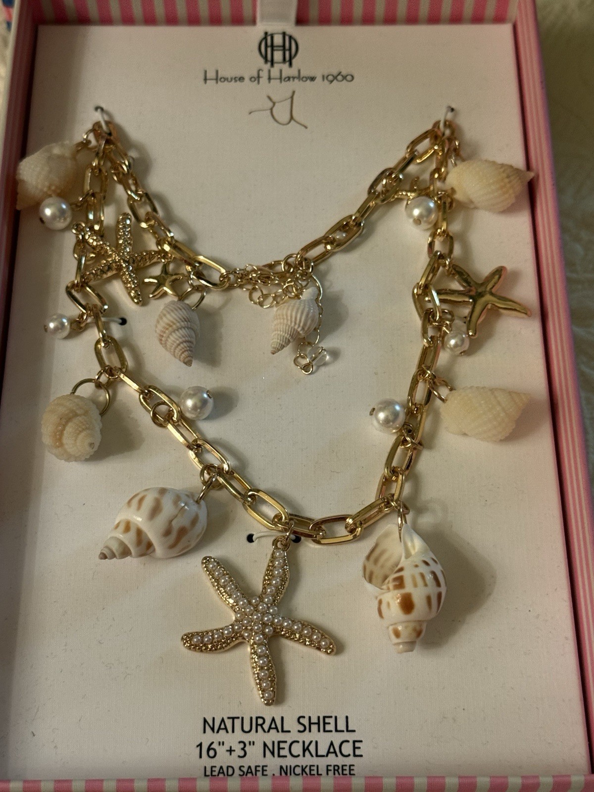 house of Harlow 1960 16”+3”necklace Natural shell gold tone lead safe Nickelfree