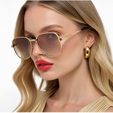 Womens Oversized Luxury Sunglasses Gold Metal Frame Gradient Brown Lens Retro