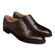 Handmade Brown Genuine Leather Oxford Lace Up Cap Toe Dress Office Shoes For Men