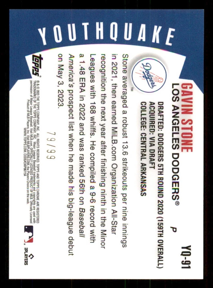 2023 Topps Chrome Youthquake Green Refractors #YQ91 Gavin Stone /99 - Image 2 of 2