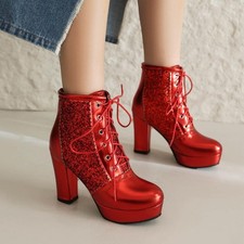 Ankle Boots High Heel Glitter Sequin Shiny Leather Platform Women's Shoes Stage