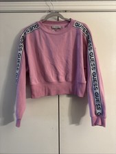 Guess Los Angeles Pink Cropped Sweatshirt Logo Tape Sleeve Womens Size Medium