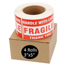 4 Rolls 500/Roll 3x5 Fragile Stickers Handle with Care Thank You Shipping Labels
