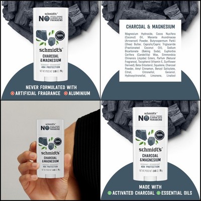 Schmidt's Natural Deodorant Charcoal Magnesium Aluminum Free Vegan Men Women