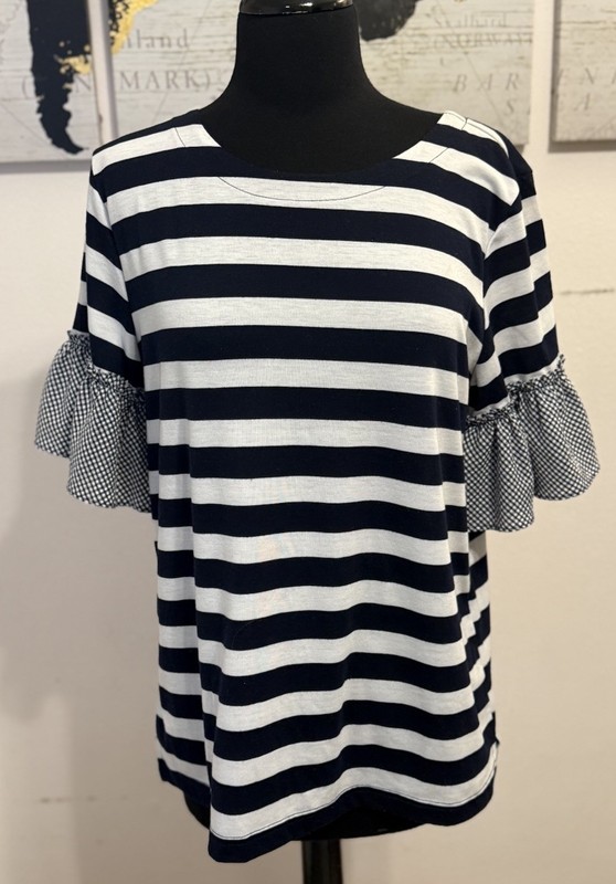 Isela Womens Blue Navy White Stripe Ruffle Sleeve Top Shirt Sz M