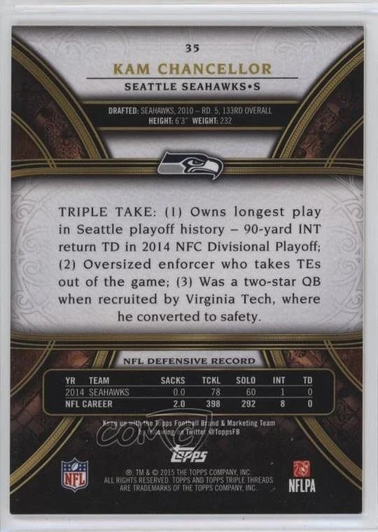2015 Topps Triple Threads Kam Chancellor #35 - Image 2 of 2