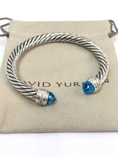 David Yurman 7mm Cable Classics Cuff Bracelet 925 Silver Blue Topaz & Diamond