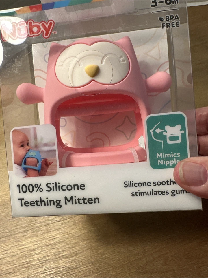 Nuby Silicone Wrist Grip Teething Mitten - 3+ Months, Pink Owl - Image 2 of 4