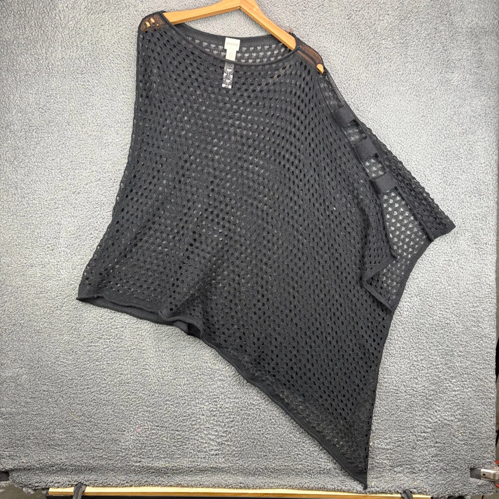Chicos Black Mesh Crochet Poncho Top Asymmetrical OS Open Knit Shawl Wrap
Opens in a new window or t