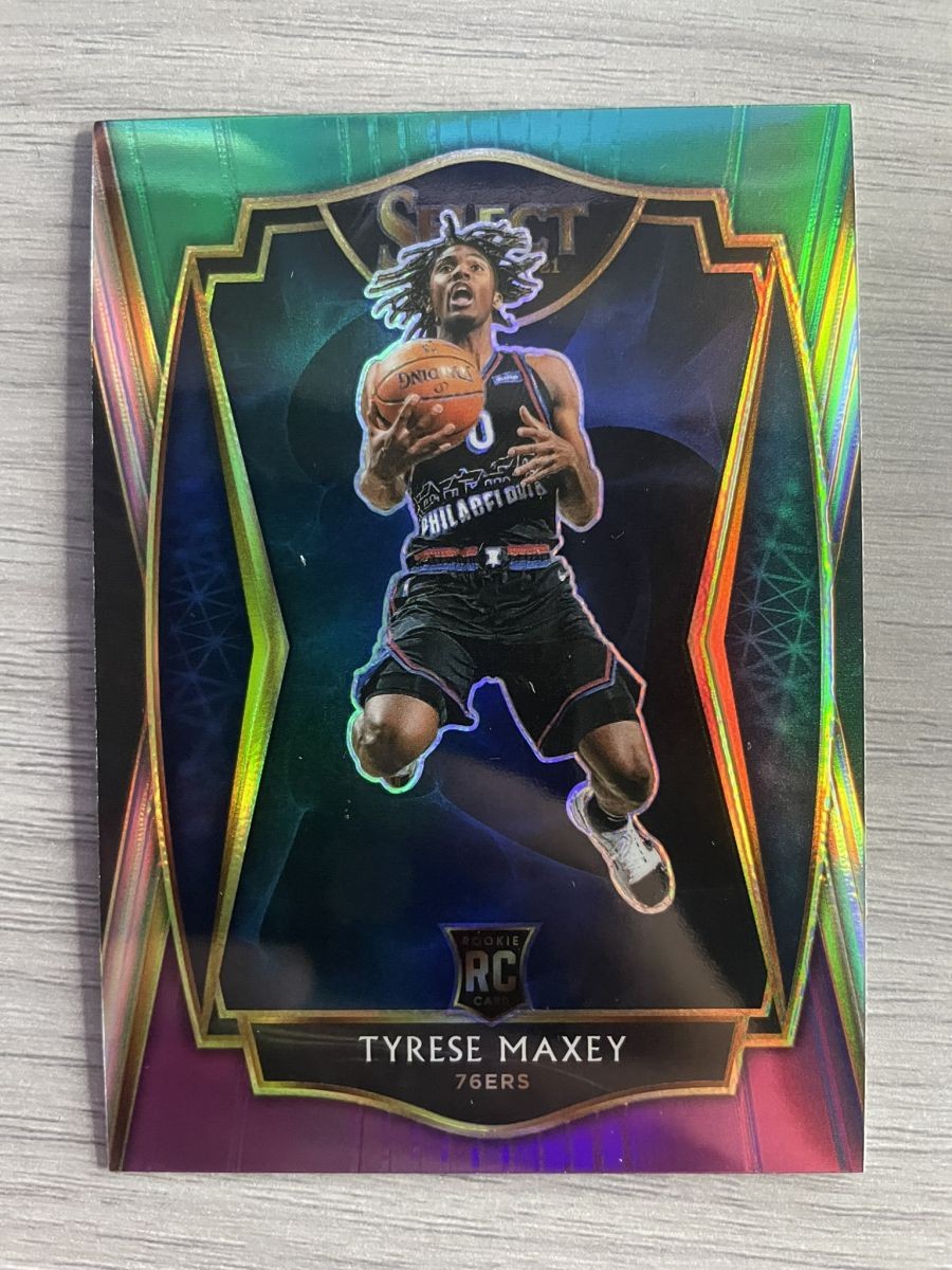 2020-21 Panini Select Tyrese Maxey Premier Level Green White Purple Prizm RC 174