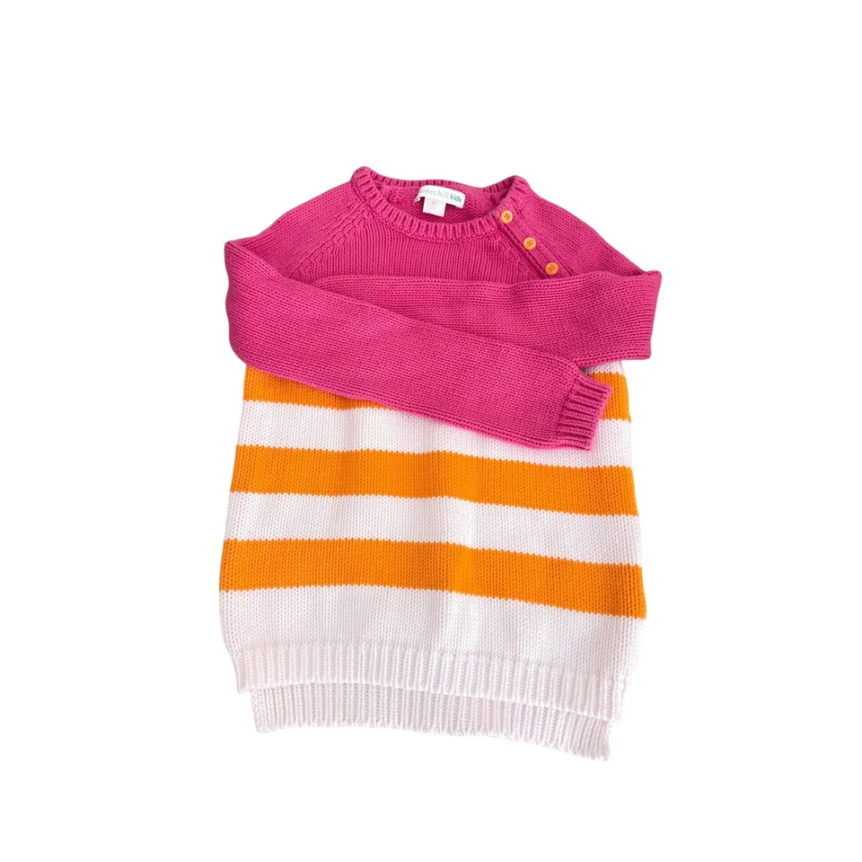 Garnet Hill Kids Sweater Cotton Pink Orange White Striped Crewneck Large - Image 3 of 4