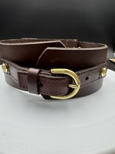 Vtg Fossil Wide Brown Leather Belt Stretch Cinch Brass Buckle Boho Medium