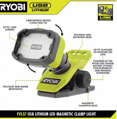 #ad RYOBI USB Lithium LED Magnetic Clamp Light FVL57 * Bare Tool * $29.95