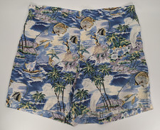 Hilo Hattie Hawaiian Aloha Island Fishing Print Elastic Shorts Size L Vintage