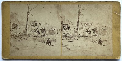 Ein Mann Vor Einem Ruinösen Haus C1870 Foto Stereo Vintage Albumin