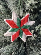 Vintage Completed Handmade Plastic Canvas Ornament Snowflake White Red Green