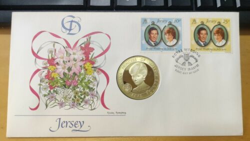 Jersey 1981 UK Royal Wedding Stamp FDC Inlaid Princess Diana Medallion Coin - Picture 1 of 7