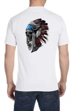 Mens Patriotic Native American Indian Chief Skull Headdress Biker Tee Shirt