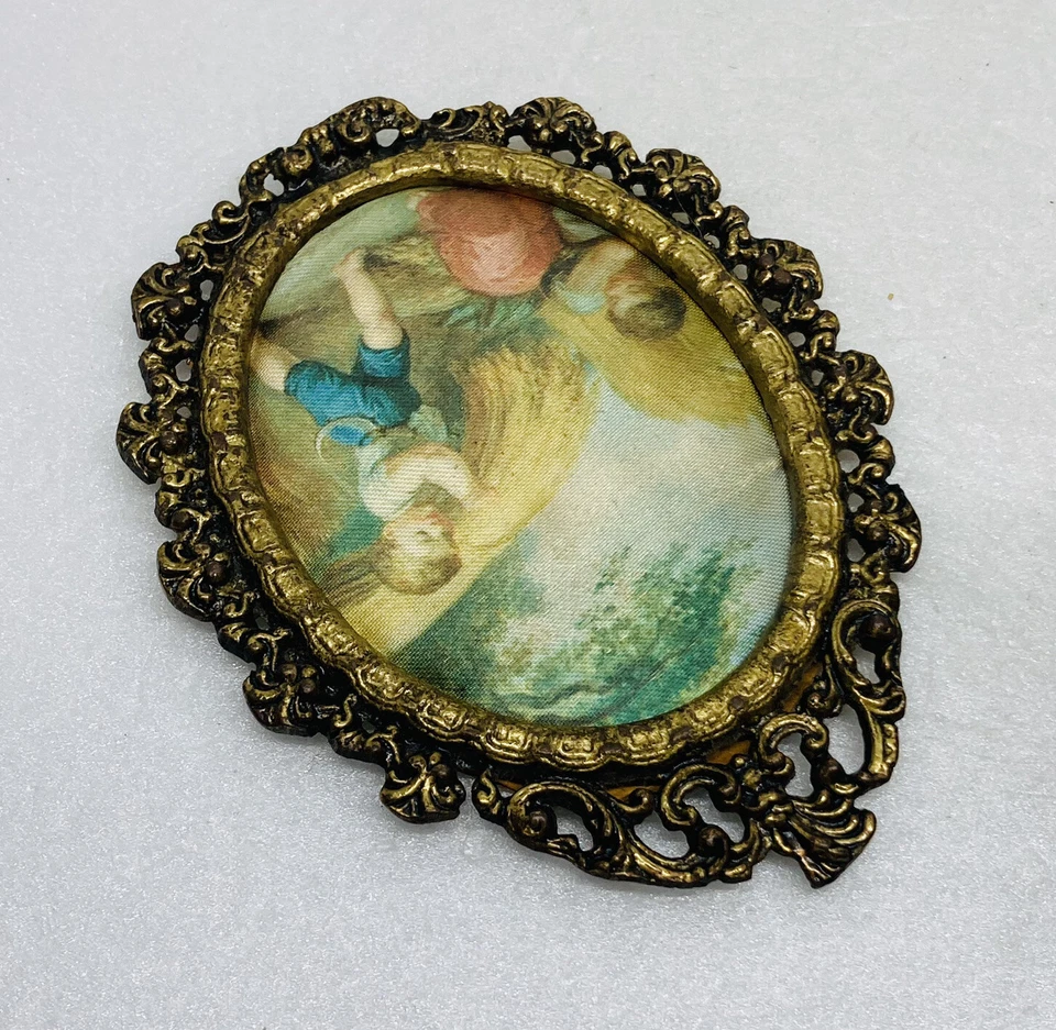 Arte de seda pintado con marco de metal de bronce ornamentado raro decoración “niños llevando heno” 23 Foto 4 de 4