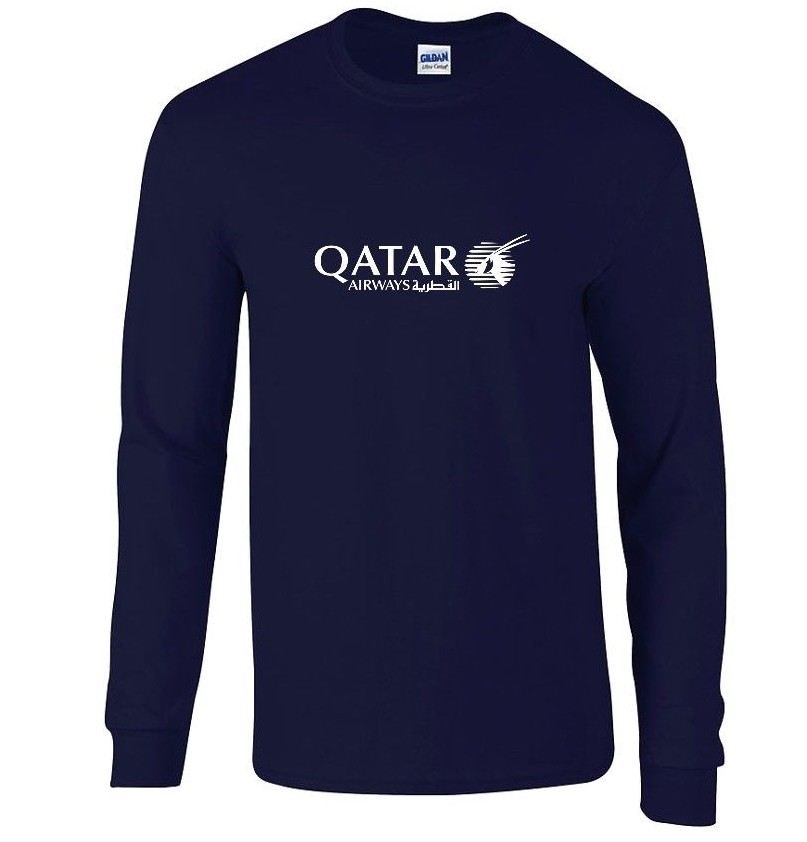 Qatar Airways White Logo Aviation Airline Navy Blue Long Sleeve T