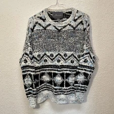 Paper Crane Sweater Women’s Small Fuzzy Long Knit Soft Pullover Blue/White/Black