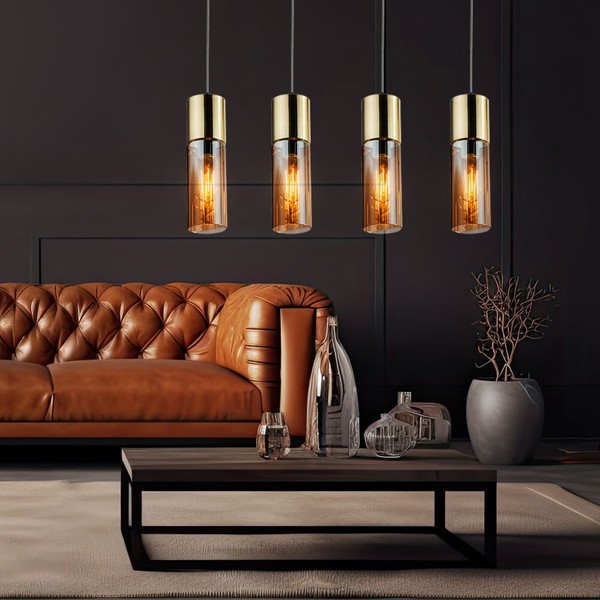 HäNgelampe Pendellampe Esstischlampe Glas Amber Wohnzimmerlampe Messing H 156 Cm-image
