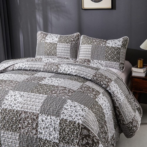 Grey Boho Quilt Set King Size,3 Pieces Plaid Floral Bedspread Coverlet Set fo... - Picture 5 of 7