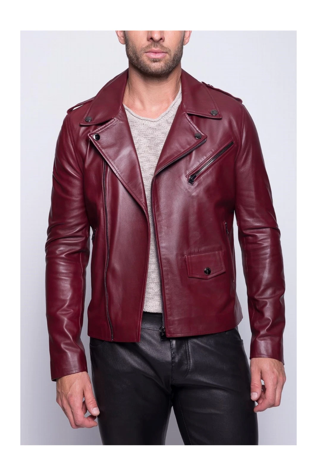 Burgundy Leather Jacket Men Lambskin Biker Moto Size XS S M L XL XXL Custom Made