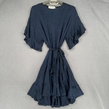 Zimmermann Dress Womens 1 Blue Silk Tie Belted Flutter Sleeve Frill Navy