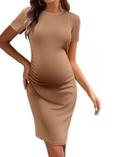 Ekouaer Womens Maternity Dress Ribbed Short Sleeve Casual Pregnancy Dresses Crew