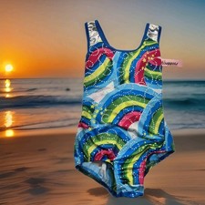 Body Wrappers Girls 12- 14 Leotard Rainbow Sparkle Swirl Print Tank Dance NWT
