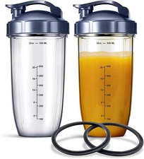 32oz Replacement Cups (2-Pack) for NutriBullet Blender with 2 Flip-Top To-Go ...