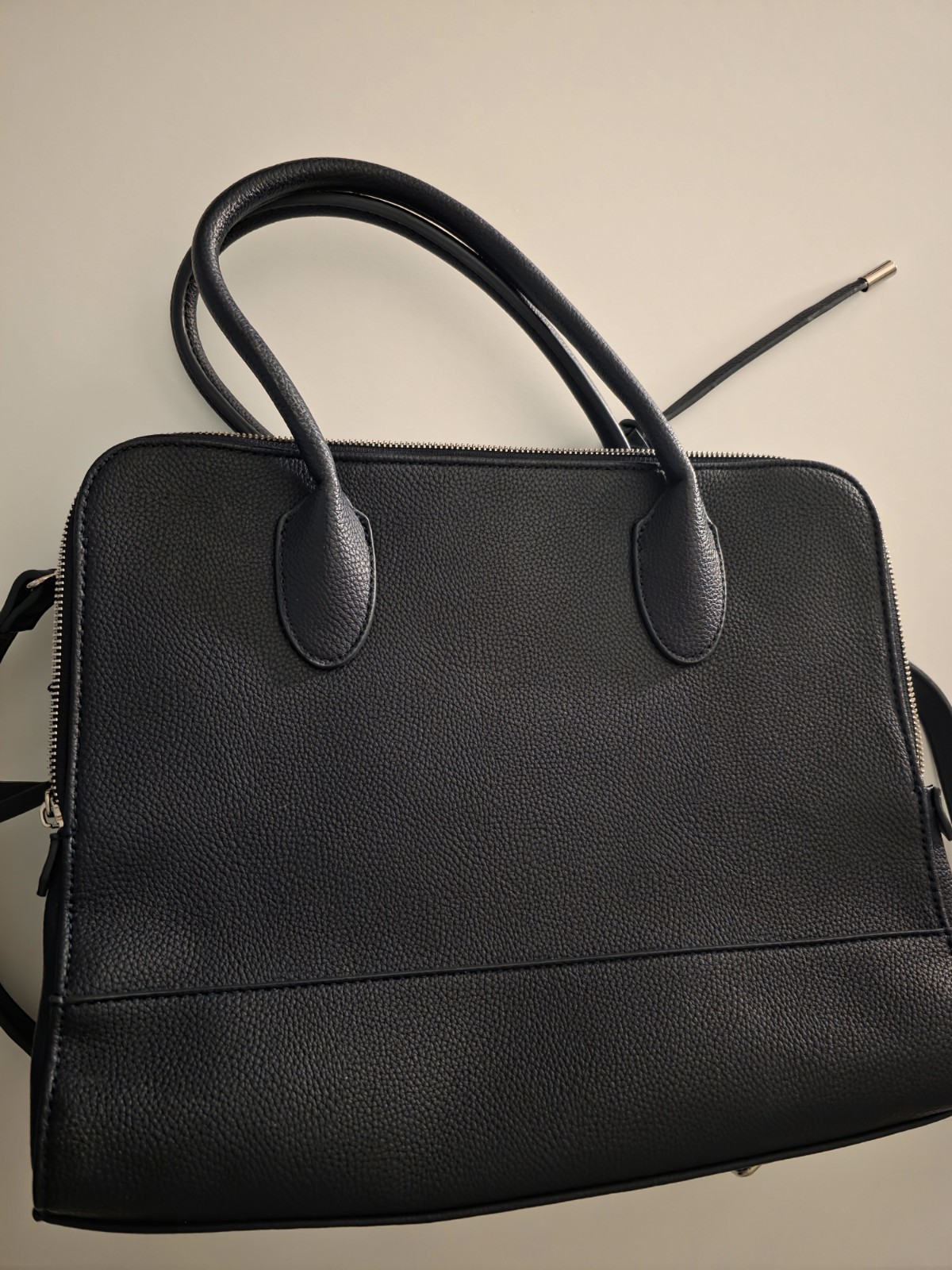 Navy Blue Vinyl Brief Case with Zipper Closure and Handle