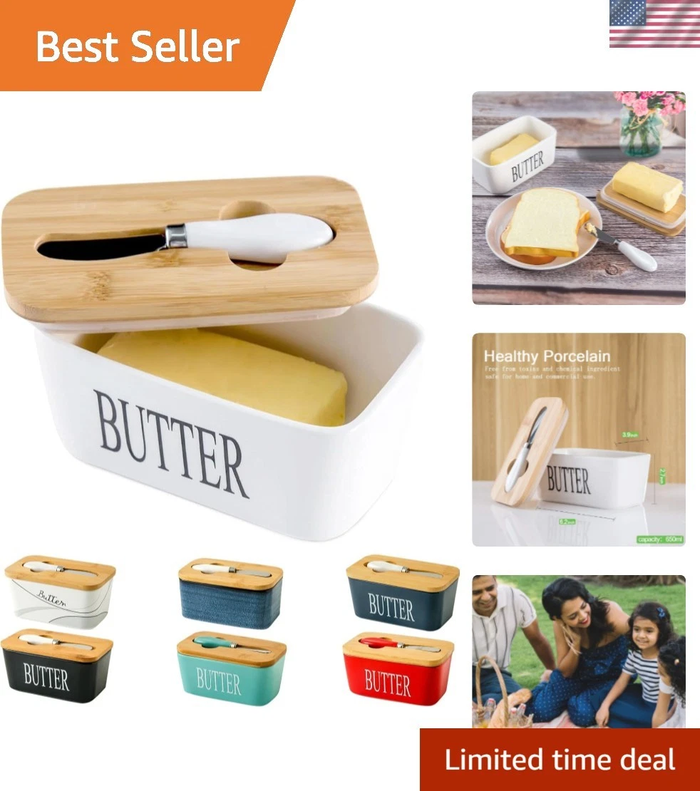 Porcelain Butter Dish with Bamboo Lid - Covered Butter Dish with Butter Knife...