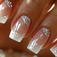 White French Tip Press on Nails Medium Square Fake Nails Silver Glitter False Na