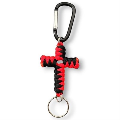 PARACORD KREUZ Schlüsselanhänger mit KARABINER Neonpink Schwarz HANDGEFERTIGT