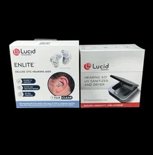Lucid Hearing- OTC Enlite Deluxe Hearing Aids Clear w/ UV Sanitizer & Dryer NEW