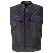 Men  s Black Diamond-Quilted Leather Motorcycle Vest with Concealed Purple Lining
