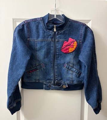 Y2K Bratz Denim Cropped Jacket Girls L 10/12 Blue Bomber Lip Patch