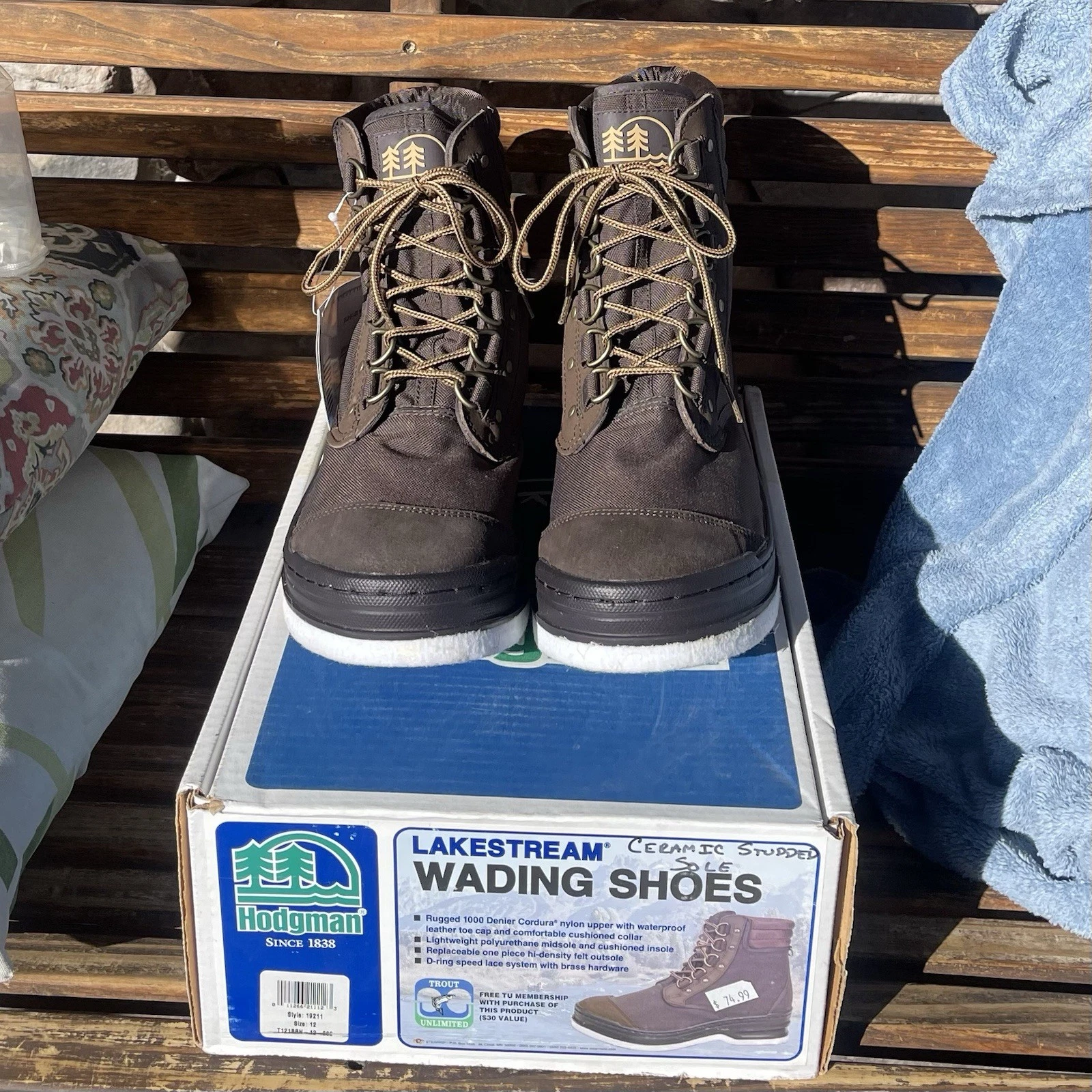 Hodgman Lakestream Ceramic Studded Wading Boots Brown Nylon Leather 12 SEE NOTE