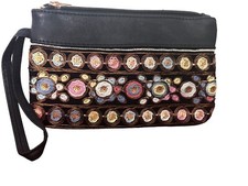 Wristlet- Black Faux leather-embroidered flower design-top zipper-attached strap