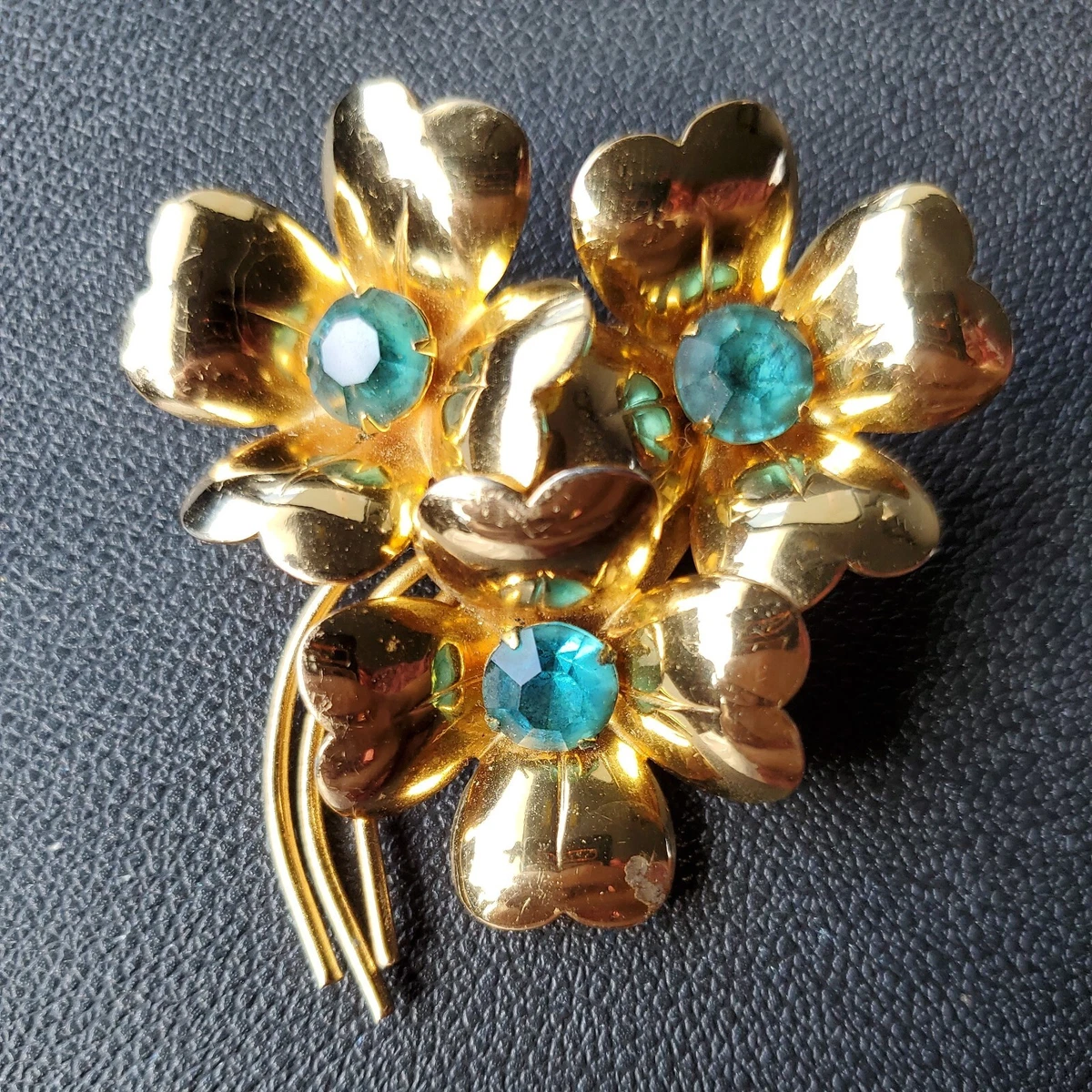 Gold Plated Sterling Silver Safety Pin Brooch with Hanging Flowers